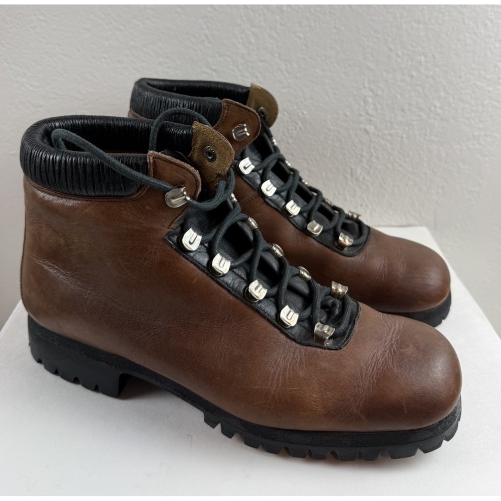 Vintage 70s Larks Spain Brown Leather Hiking Boot Lace Up Lug Sole Womens 6.5M
